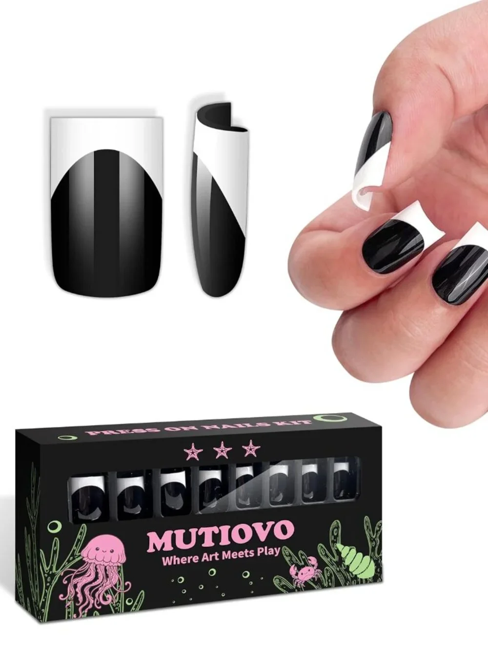 🖤New Halloween Black & White French Tip Press On Nails Kit Short Square 30pc🤍